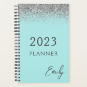 2023 Aqua Blauw Teal Zilver Glitter Monogram Planner (Voorkant)