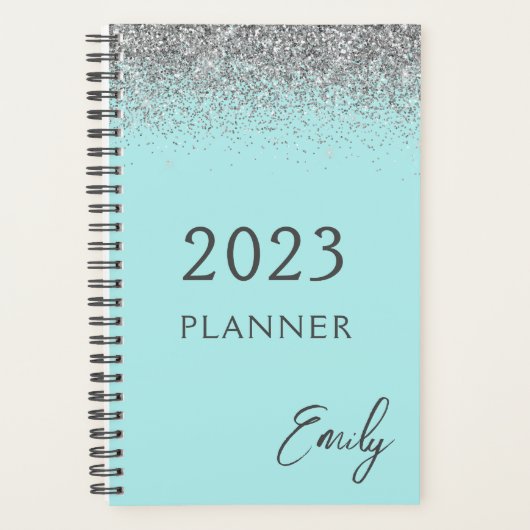 2023 Aqua Blauw Turquoise Zilver Glitter Monogram Planner (Voorkant)