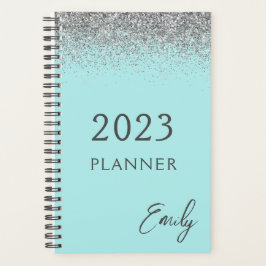 2023 Aqua Blauwe Teal Zilveren Glitter Monogram Planner