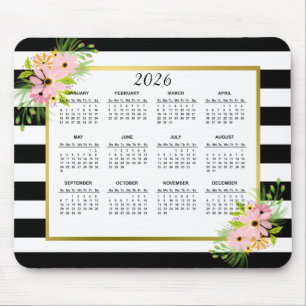 2023 Black White Striped Floral Gold Calendar Muismat