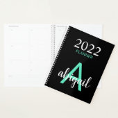 2023 Blauwgroen zwarte eenvoudige moderne monogram Planner (Display)