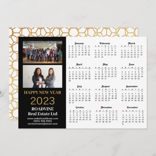 2023 Business 2 Foto Modern Gold Script Calendar Feestdagenkaart (Voorkant / Achterkant)
