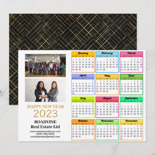 2023 Business 2 Foto Modern Gold Script Calendar Feestdagenkaart (Voorkant / Achterkant)
