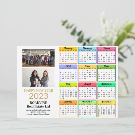 2023 Business 2 Foto Modern Gold Script Calendar Feestdagenkaart (Staand voorkant)