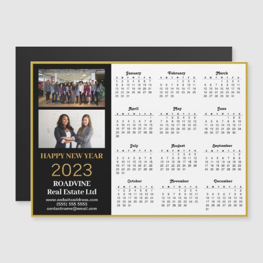 2023 Business 2 Photo Gold Script Calendar Magnet (Voorkant / Achterkant)