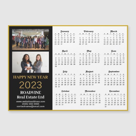 2023 Business 2 Photo Gold Script Calendar Magnet (Voorkant)
