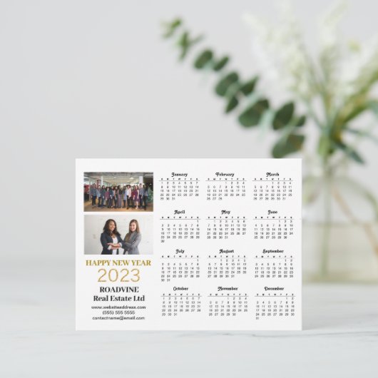 2023 Business Photo Modern Gold Script Calendar Briefkaart (Staand voorkant)