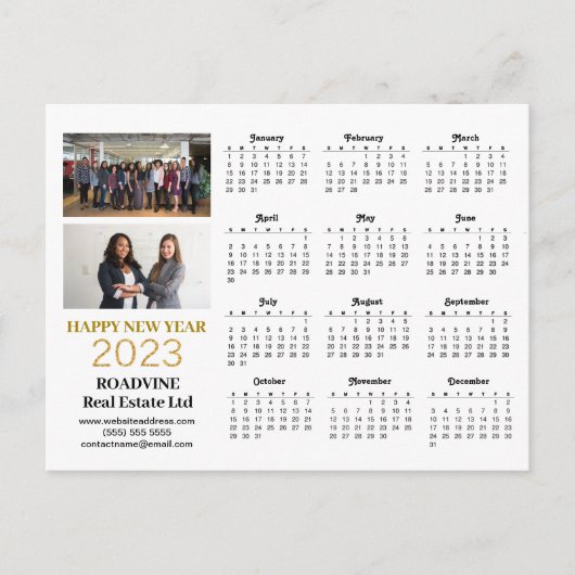 2023 Business Photo Modern Gold Script Calendar Briefkaart (Voorkant)