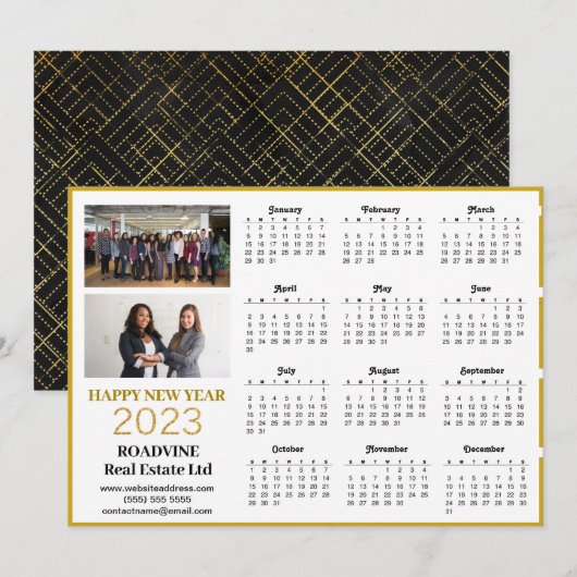 2023 Business Photo Modern Gold Script Calendar Feestdagenkaart (Voorkant / Achterkant)