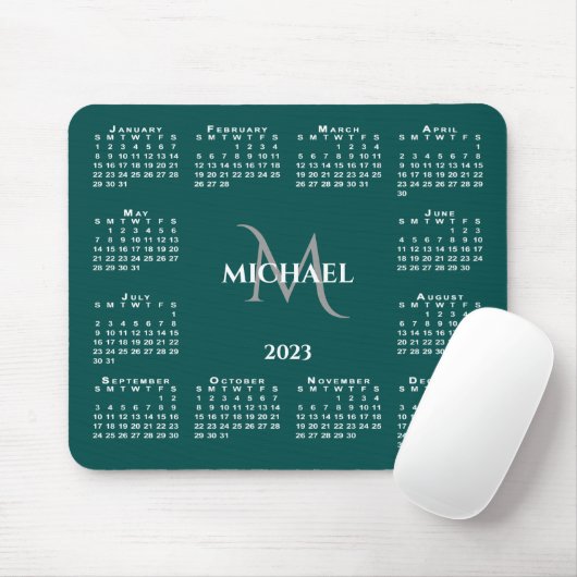 2023 Calendar Chic Monogram Name on Blauwgroen Muismat (Met muis)