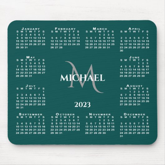 2023 Calendar Chic Monogram Name on Blauwgroen Muismat (Voorkant)