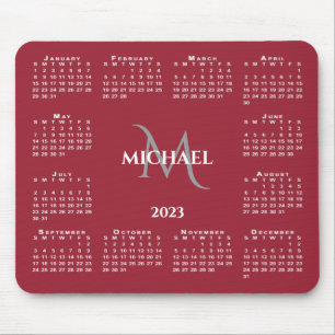2023 Calendar Chic Monogram Name on Red Muismat