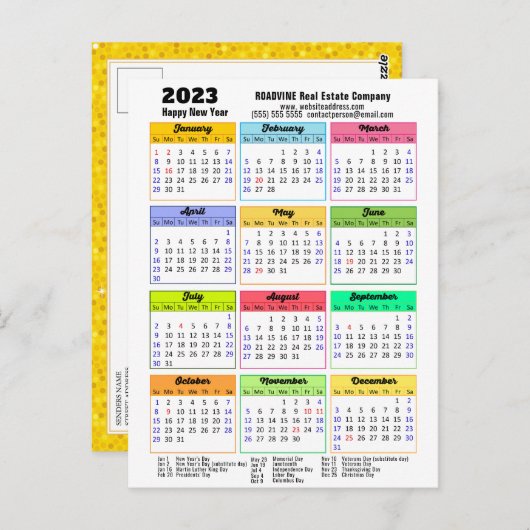 2023 Calendar Gold Glitter Modern Script Corporate Briefkaart (Voorkant / Achterkant)