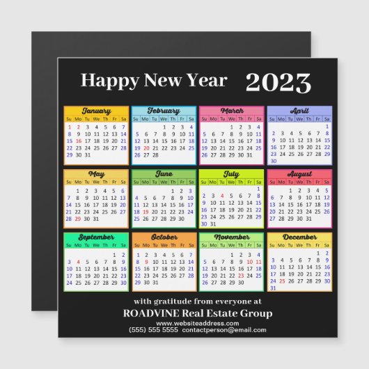 2023 Calendar Gold Script op Black Business Magnet (Voorkant / Achterkant)