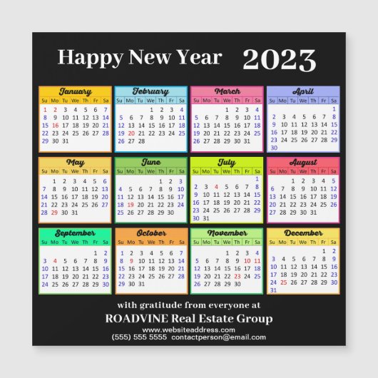 2023 Calendar Gold Script op Black Business Magnet (Voorkant)