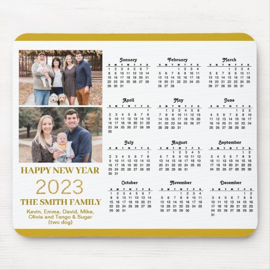 2023 Calendar Gold Script Simple Family Photo Mous Muismat (Voorkant)