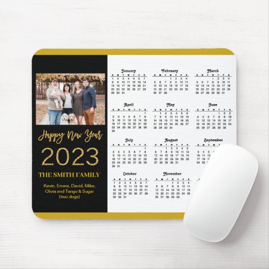 2023 Calendar Gold Script Simple Family Photo Muismat (Met muis)
