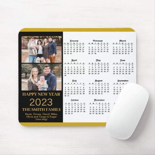 2023 Calendar Gold Script Simple Family Photo Muismat (Met muis)
