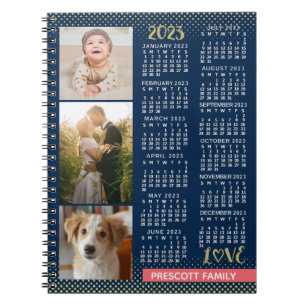 2023 Calendar Navy Coral Gold Family Foto Collage Notitieboek