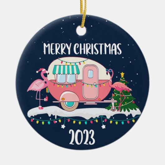 2023 Camper Flamingo Kerstornament Keramisch Ornament (Voorkant)