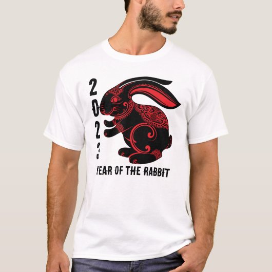 2023 Chinees jaar van de konijn, zwart rood T-shirt (Voorkant)