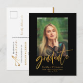 2023 Elegant Gold Black Script-Afstuderen met foto Aankondigingskaart (Voorkant / Achterkant)