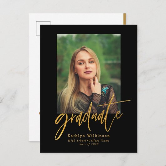 2023 Elegant Gold Black Script-Afstuderen met foto Aankondigingskaart (Voorkant / Achterkant)