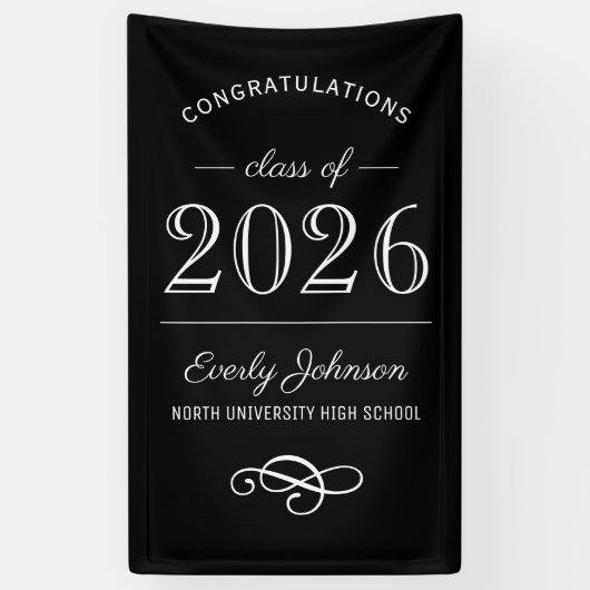 2023 Elegant zwart-wit, aangepast Afstuderen Spandoek (Verticaal)