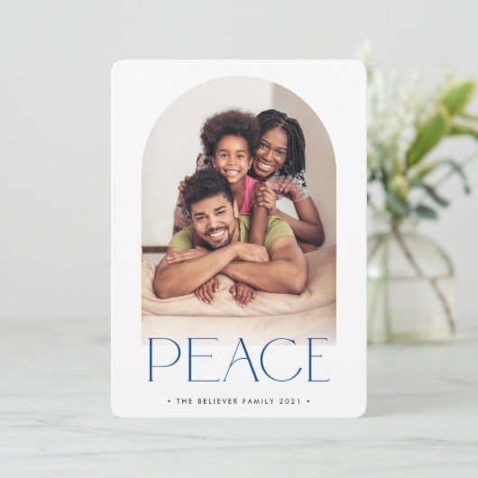 2023 FAMILIE FOTO minimalistische boog PEACE blauw Aankondiging (Staand voorkant)