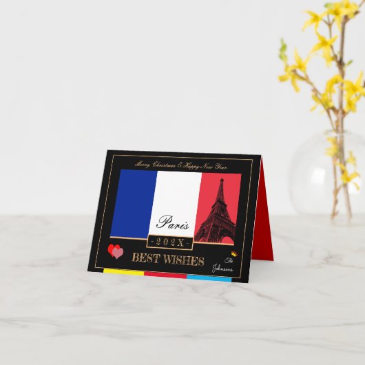 2023 Frans Flag & Eiffel Happy Nieuwjaar, Frankrij Kaart (Gele Bloem)