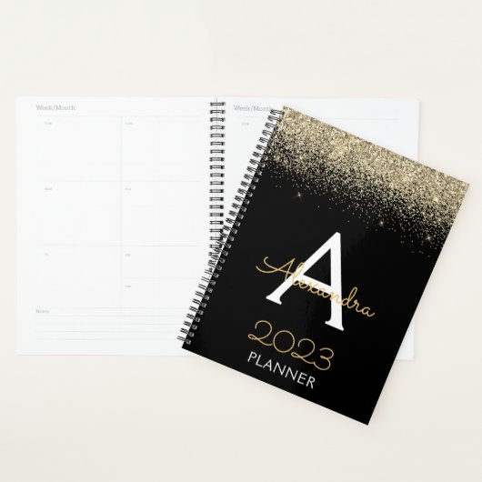 2023 Gold Black Glitter Monogram Modern Luxury Planner (Display)