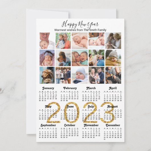 2023 Gold Script Calendar Photo Collage Modern Feestdagenkaart (Voorkant)