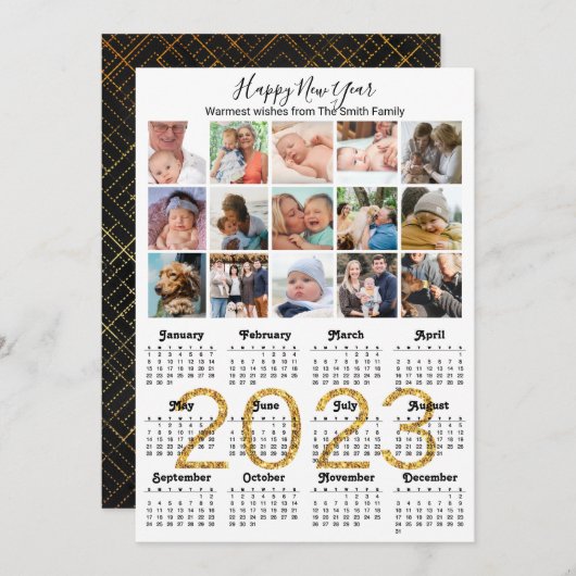 2023 Gold Script Calendar Photo Collage Modern Feestdagenkaart (Voorkant / Achterkant)