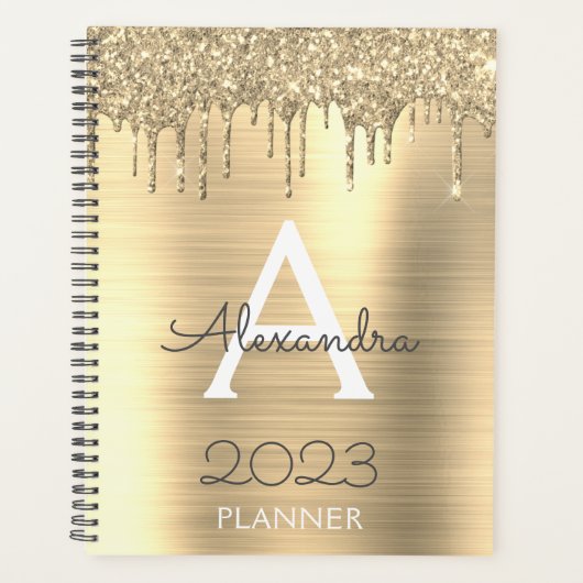 2023 Gouden Glitter Moderne Monogram Planner (Voorkant)