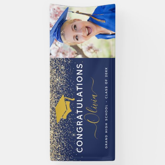 2023 Graduation Glitter Navy Blue Gold Spandoek (Verticaal)