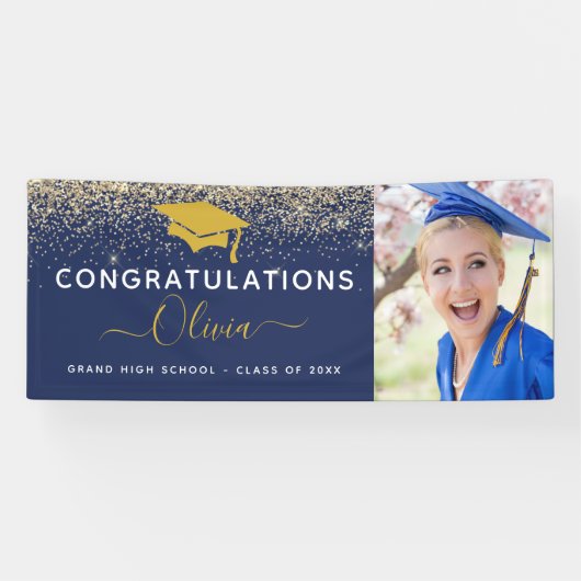 2023 Graduation Glitter Navy Blue Gold Spandoek (Horizontaal)