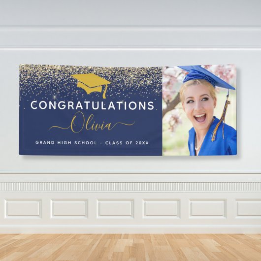 2023 Graduation Glitter Navy Blue Gold Spandoek
