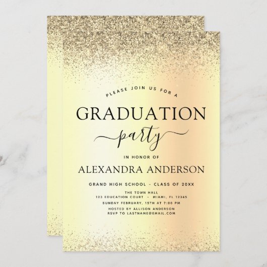 2023 Graduation Party Glitter Gold Black Kaart (Voorkant / Achterkant)