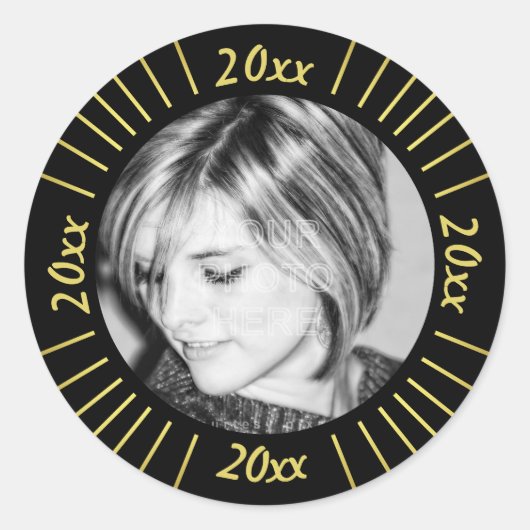 2023 Graduation Party Photo Black Gold Mod Stripes Ronde Sticker (Voorkant)