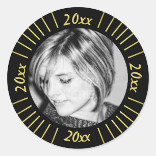 2023 Graduation Party Photo Black Gold Mod Stripes Ronde Sticker