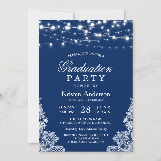 2023 Graduation Party String Lights Lace Navy Blue Kaart (Voorkant)