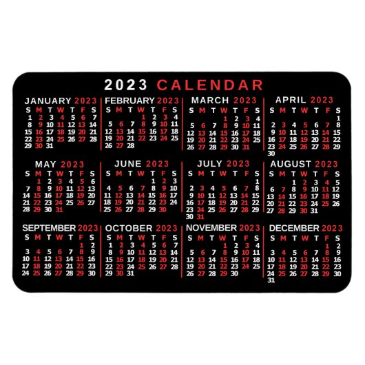 2023 jaar Maandelijkse kalender Classic Black Red  Magneet (Horizontaal)