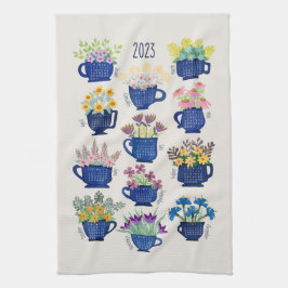 2023 jaar Tea Towel Flowers in Tea Cups Tea Lovers Theedoek