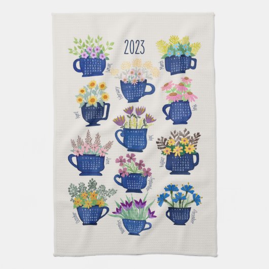 2023 jaar Tea Towel Flowers in Tea Cups Tea Lovers Theedoek (Verticaal)