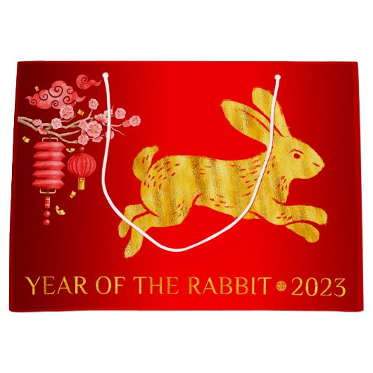 2023 Jaar van het Konijn Goud Folie Groot Cadeauzakje (Voorkant)