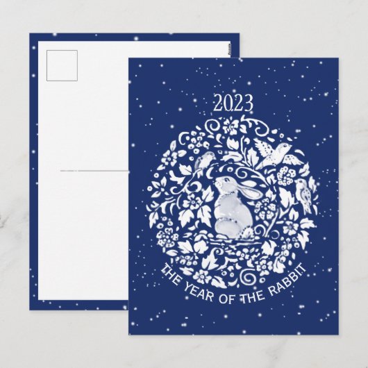 2023 Jaar van het konijnenblauw Witte Lunar Holida Feestdagenkaart (Voorkant / Achterkant)