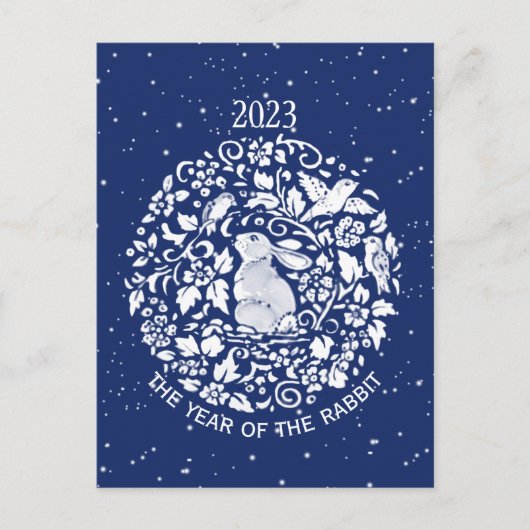 2023 Jaar van het konijnenblauw Witte Lunar Holida Feestdagenkaart (Voorkant)