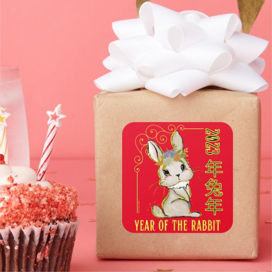 2023 JAAR VAN HET RABBIT chinese cadeauidee voor e Vierkante Sticker (Feest)