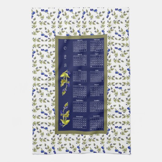 2023 Kalender Blauwbessen Stemmed Leaves Border Theedoek (Verticaal)