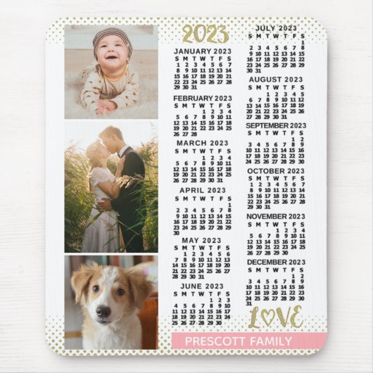 2023 Kalender Blush Pink Gold Family Foto Collage Muismat (Voorkant)